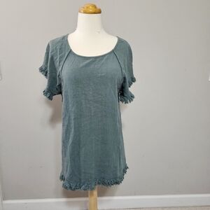 Umgee USA Dusty Teal Fringe Trim Mini Dress/Tunic Boho Short Sleeve Size M
